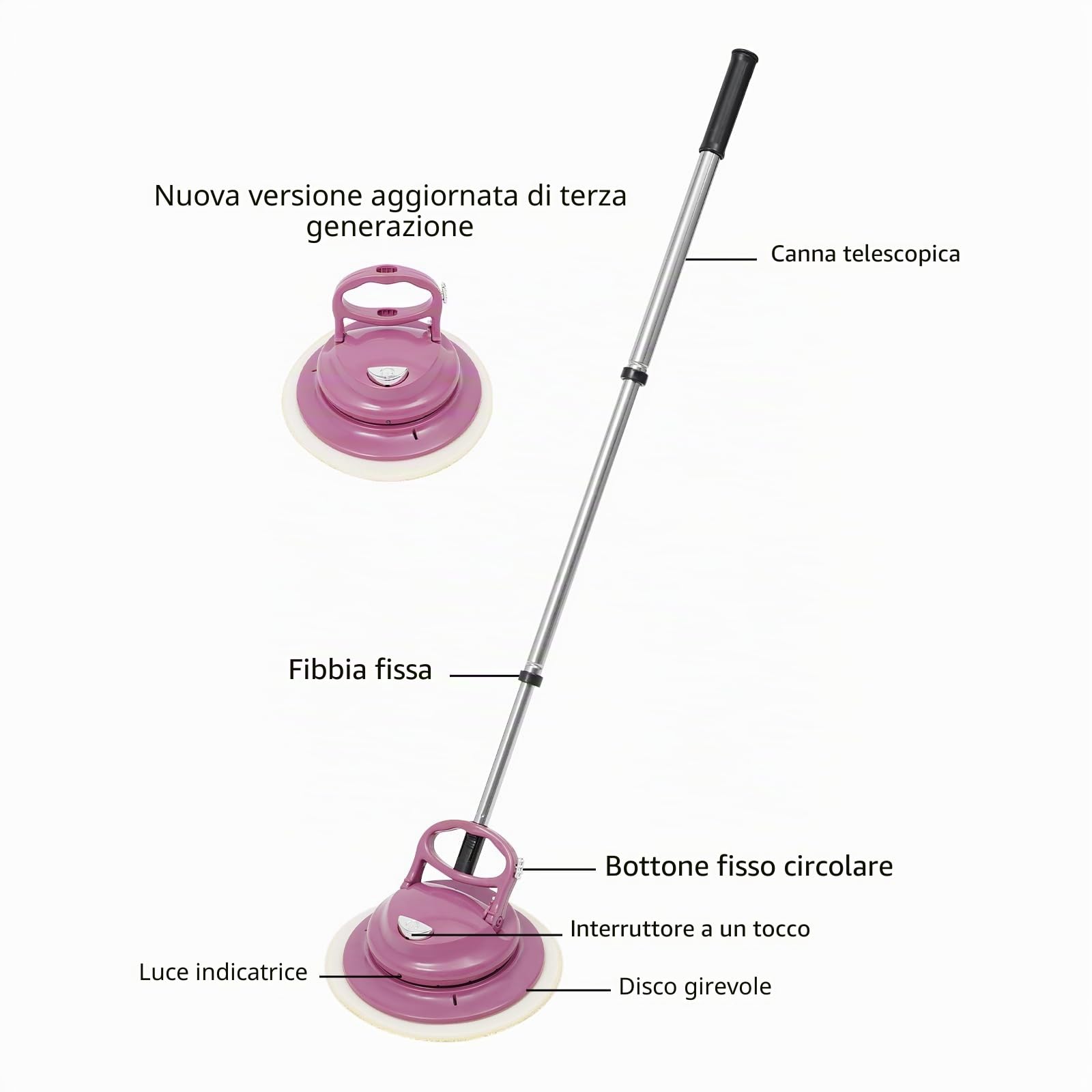 Mocio elettrico senza fili, 1800 mAh, spazzola elettrica per pavimenti, diametro 24 cm, manico retrattile, rotazione a 360 gradi, detergente per pavimenti e lucidatrice per cerare, pulire a secco