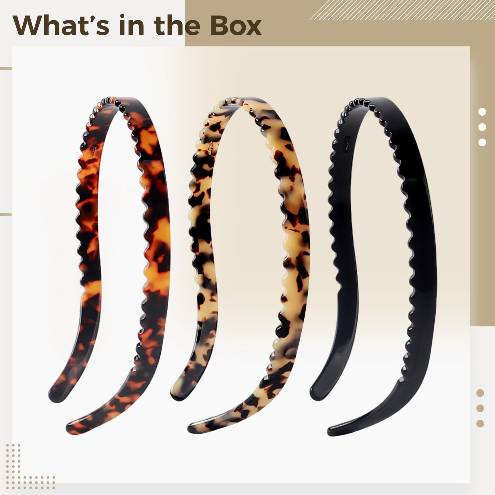 3 fasce sottili per capelli da donna, in acetato antiscivolo, 0,3 cm, leggere da 0,3 cm, design a onda, tartaruga e nero
