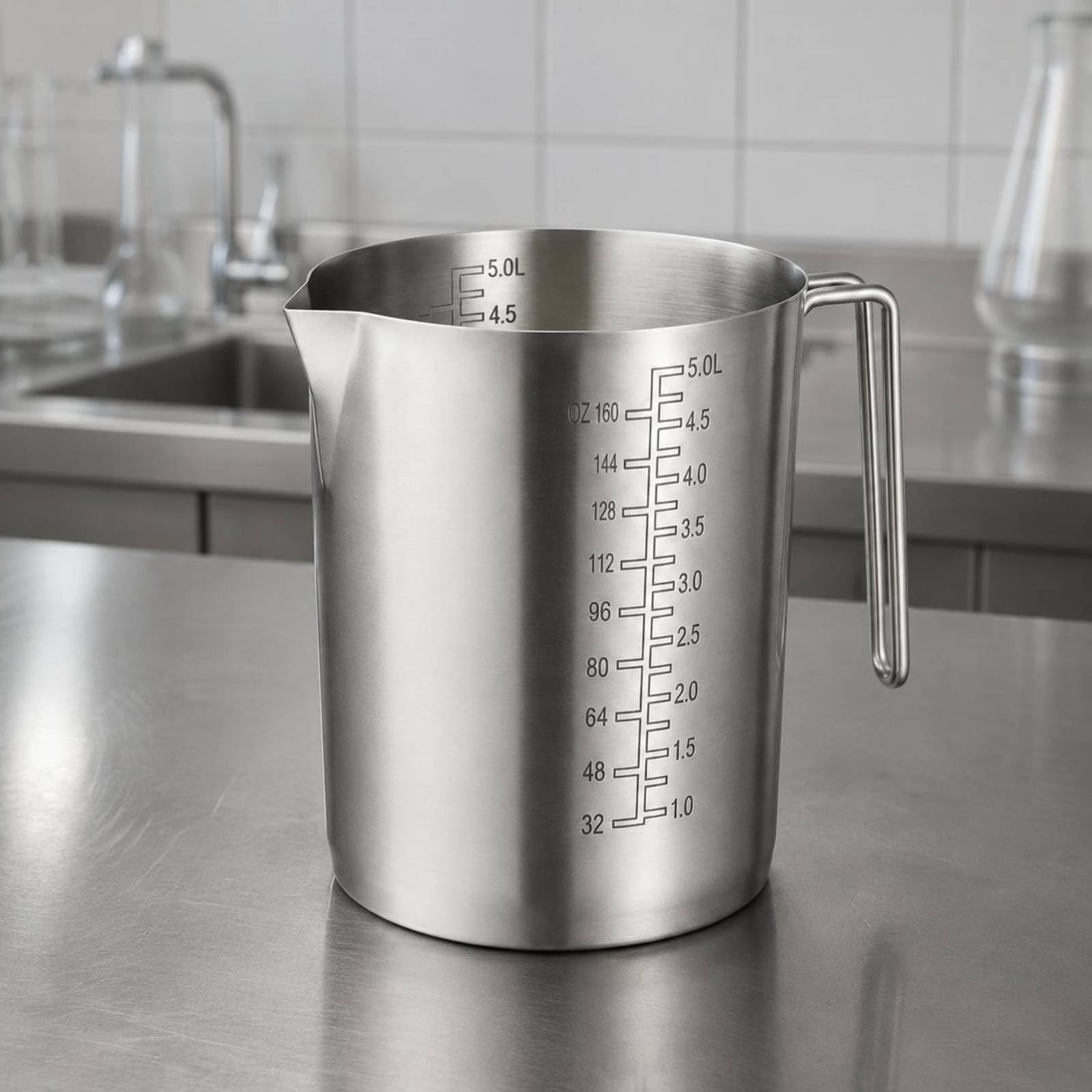 Messbecher mit Ausguss dickwandig Edelstahl-Messbecher tropfschutz Messkanne, 5 Liter Messbecher Aus Extra Dickem 304 Edelstahl Ohne Deckel, Innen- Und Außenmarkierungen