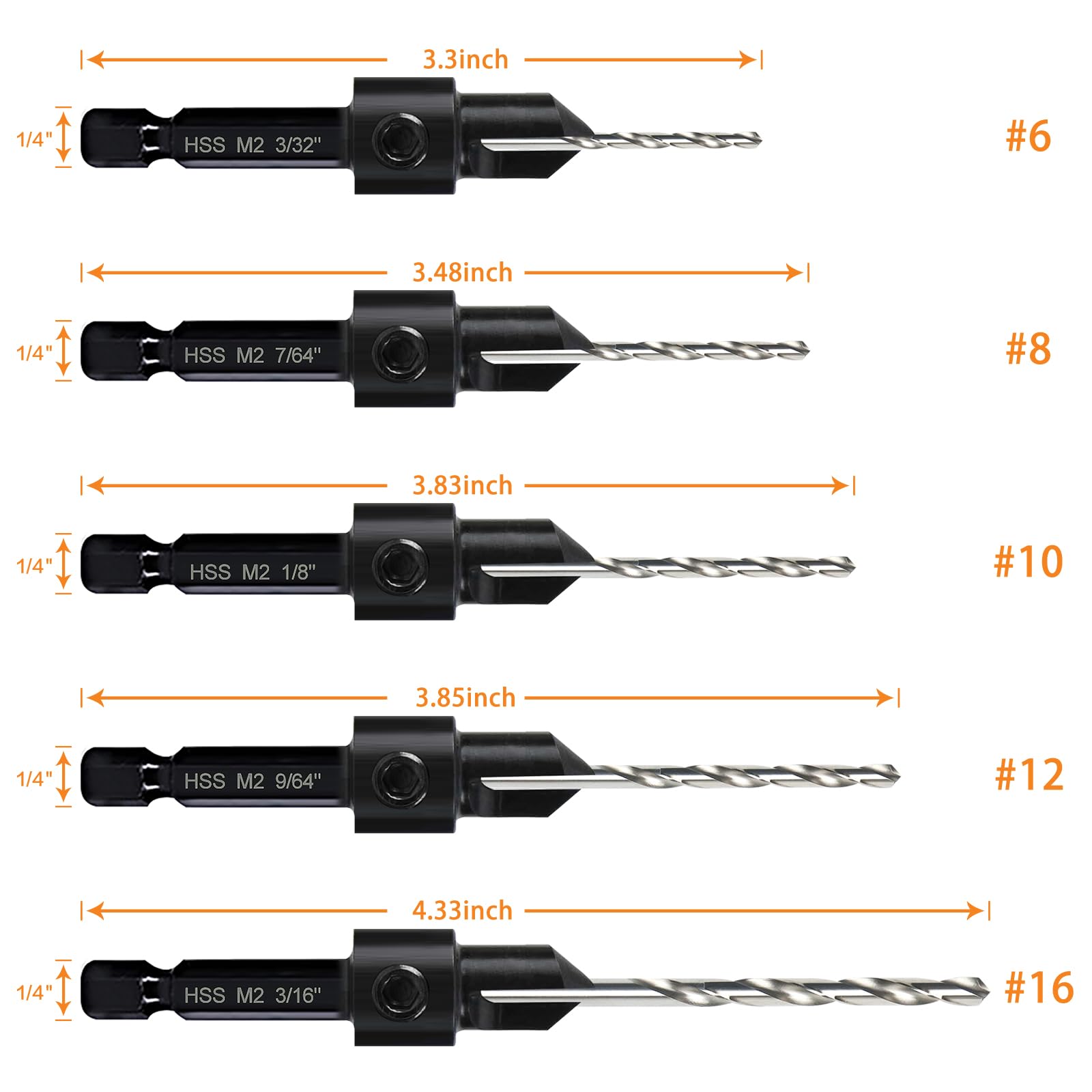 Woodworking Countersink Drill Bits - 5-Piece Set -2 Woodworking Countersink Drill Bits - 5-Piece Set -2