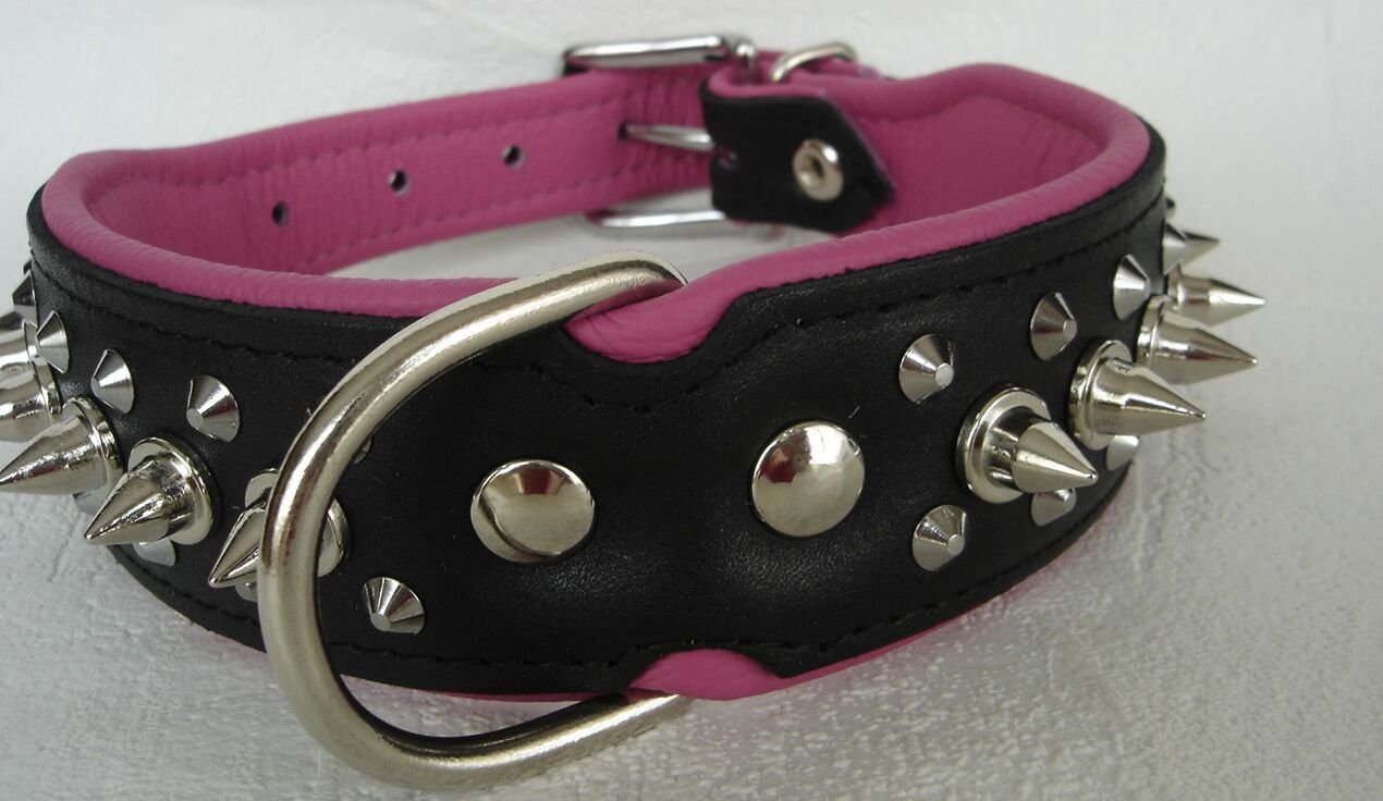 Hunde Halsband - Halsumfang 45-51cm/40mm, Leder+Nieten Schwarz-PINK(PL.5-10-12-27)