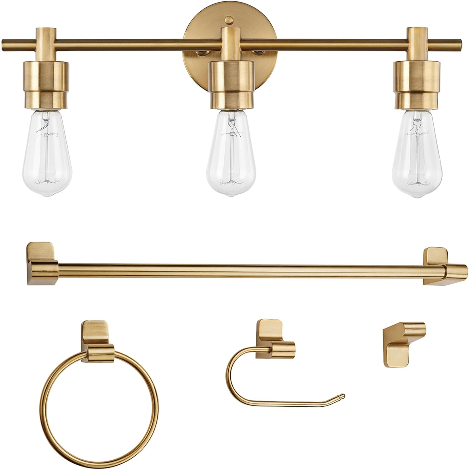Alexandria Matte Brass 5-Piece Bathroom Set with 3-Light Vanity