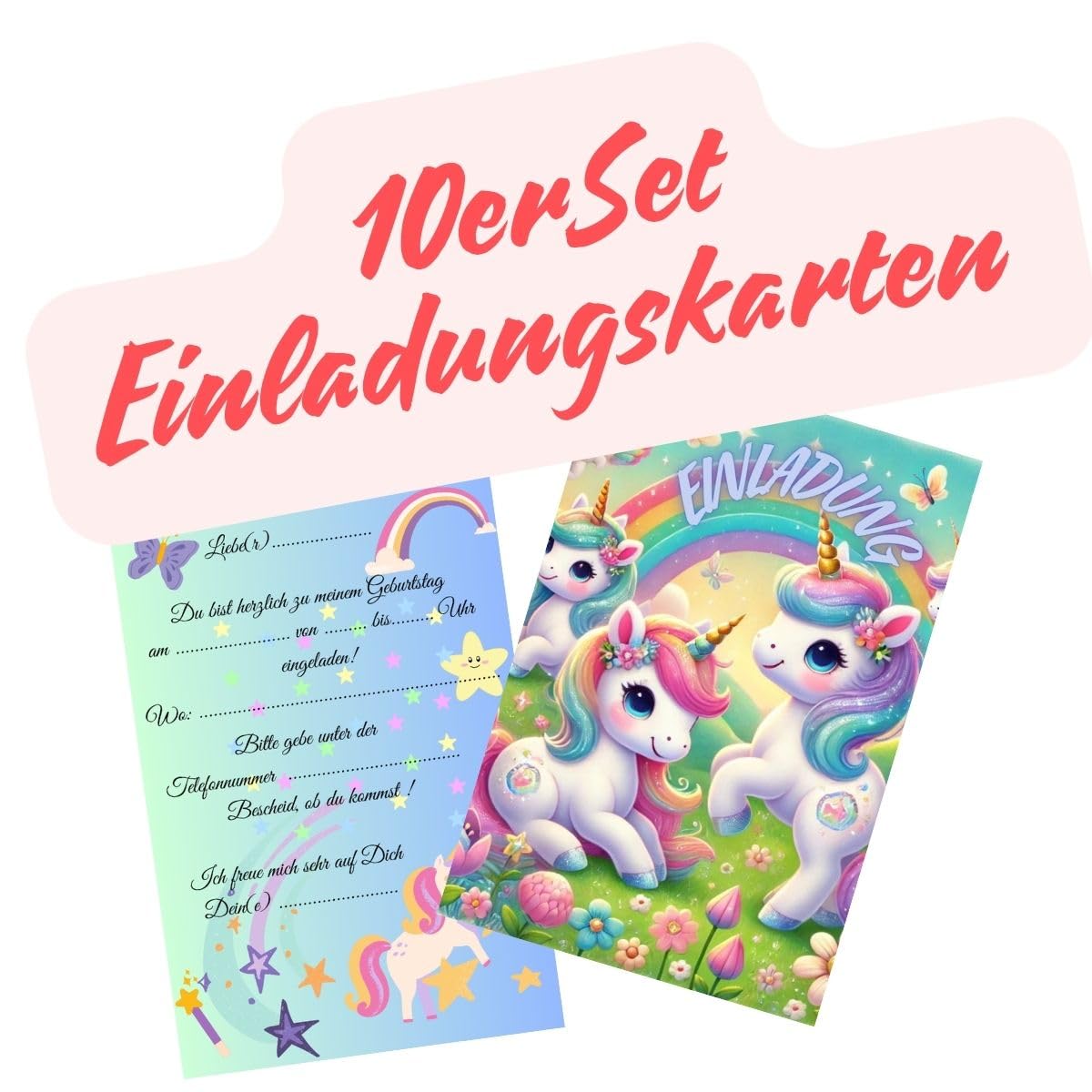 10 tarjetas de invitación para cumpleaños infantiles, unicornio | Invitaciones de unicornio para niños, 10 unidades para niños y niñas, cumpleaños inolvidables
