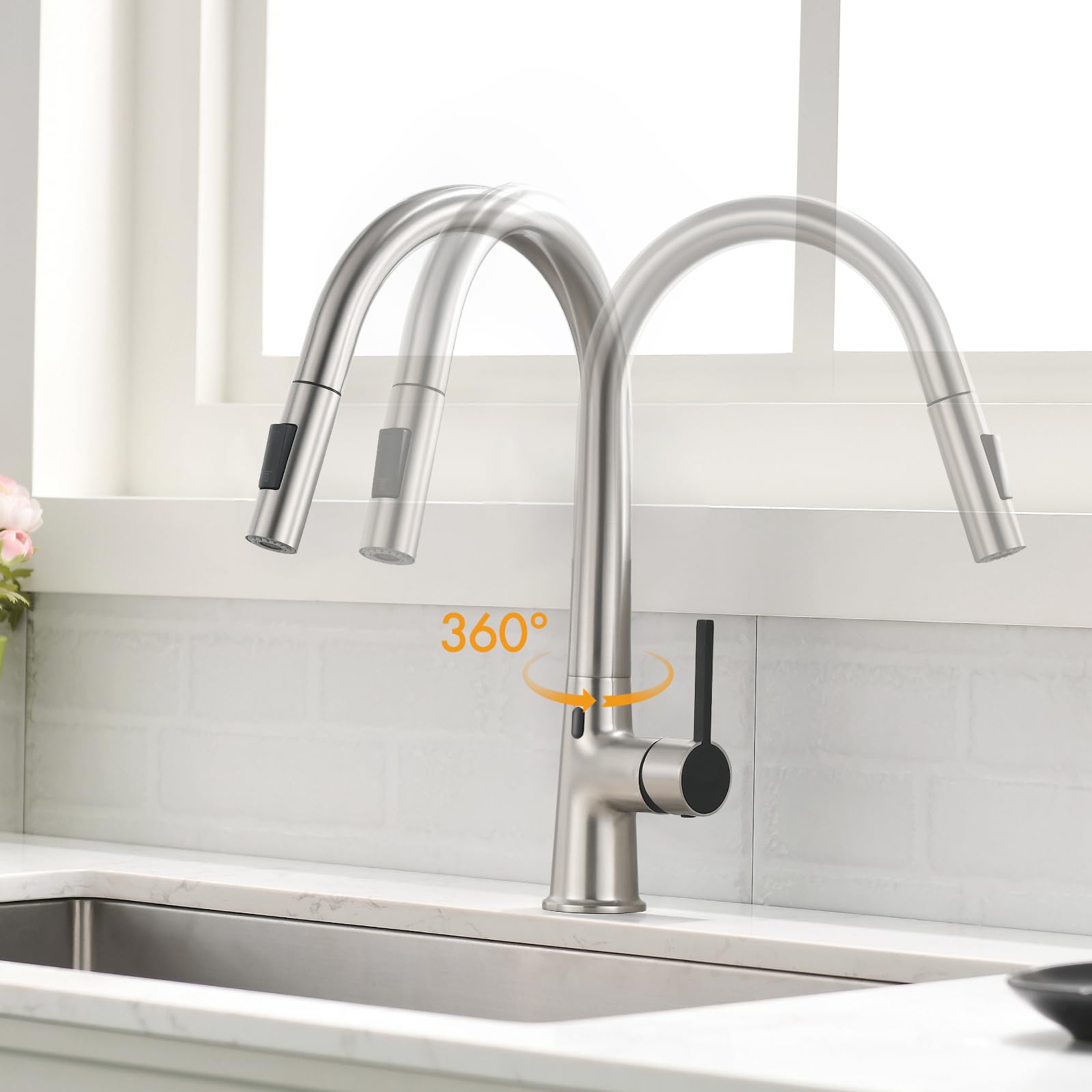 AIMADI Sensor Wasserhahn Küche Ausziehbar Automatisch Küchenarmatur Berührungslos, 360° Drehgelenk, 2 Sprühmodi Armatur Küche Spültischarmatur Flexibel & Modern Gebürstete Nickel