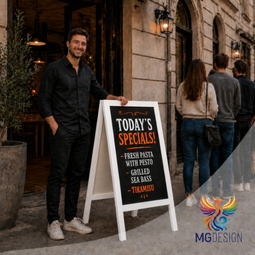 MG Design Pizarra caballete de madera 60 × 120 cm – pizarra negra de doble cara con marco blanco, plegable y fácil de limpiar, ideal para menú de bar, restaurante o tienda