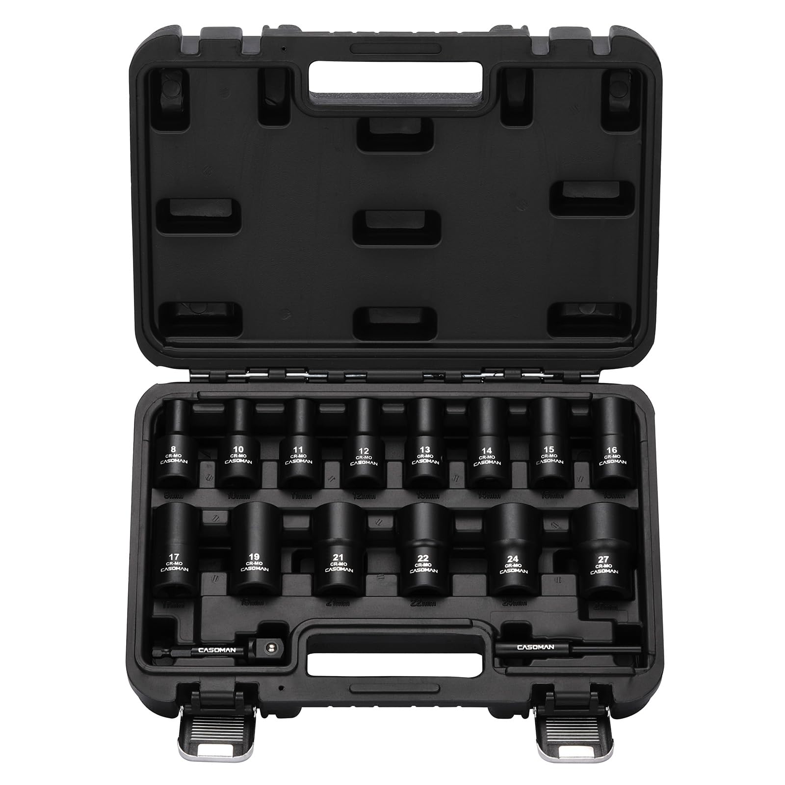 CASOMAN Set di 16 chiavi a bussola per dadi e bulloni a percussione da 1/2", include adattatore per gambo esagonale e barra a perno, per rimuovere elementi di fissaggio arrotondati danneggiati