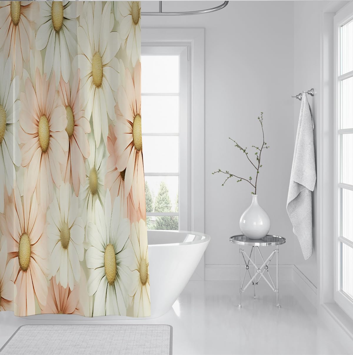 Rideau douche fleurs botaniques marguerites rétro mignonnes W200xL200 cm
