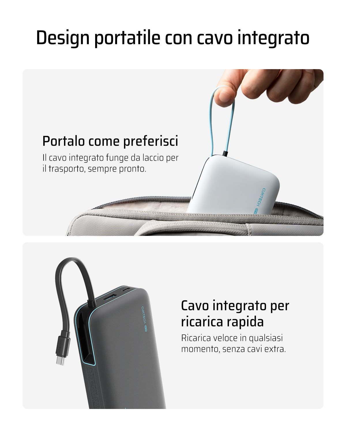 CUKTECH 45W 20000mAh Power Bank con Cavi Integrati, Ricarica Rapida Batteria Esterna con 2 Porte, Display Digitale, USB C Caricatore Portatile Caricabatterie per MacBook Air, Galaxy S23, iPhone 17 Pro