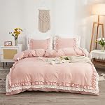 Koudi Ensemble de housse de couette à volants Beige Twin Size Shabby Chic blanc volant Couverture de confort Solid Color Vintage Farmhouse Bedding Set doux Microfibre avec des cravates zippées