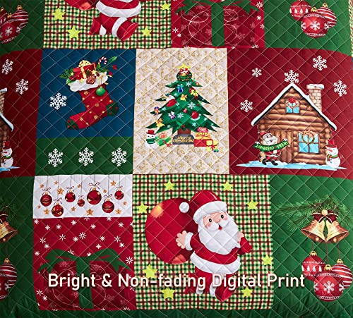 Image of CHIXIN Christmas Oversized Bedspread King Size, Santa Claus Pattern Bedding Quilt, Rustic Lodge Plaid Patchwork Coverlet Set, Lightweight & Soft Microfiber, 3 Piece, King /Cal King