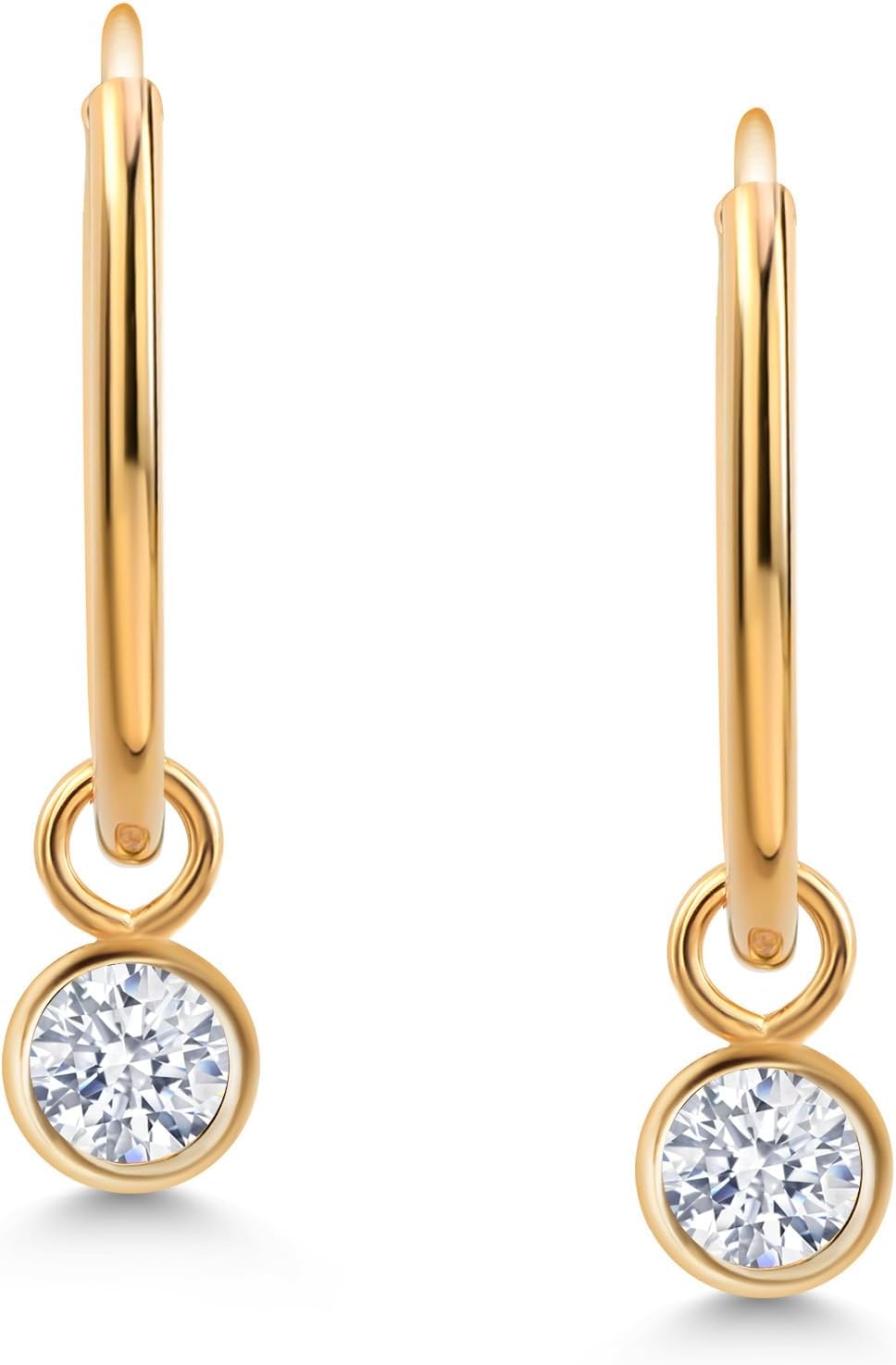 Gem Stone King 14K Yellow Gold White Zirconia Snap Closure Continuous Endless Drop Dangle Hoop Earrings For Women | 0.22 Cttw | Round 3MM | Fine Jewelry Gifts for Her Mom Women Wife