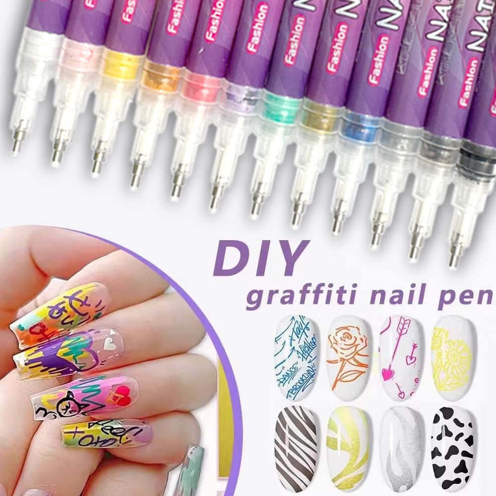 Kyduu 12 Colores Bolígrafo de Uñas Nail Art 3D Pen, 0,5mm, DIY Bolígrafo Manicura Niñas, Boligrafo 3d Pintauñas, Nail Art Grafiti Pen Marker 3D Set, Bolígrafo de para Decoración de Uñas - 3