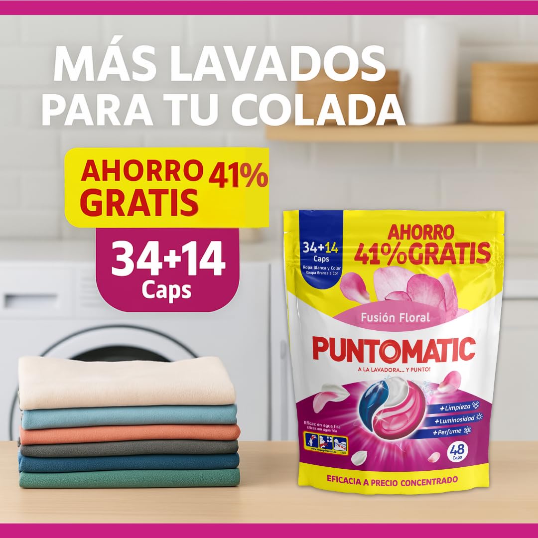 PUNTOMATIC | Cápsulas Tricámara Floral | Detergente Lavadora para Ropa Blanca y de Color | Quitamanchas | 34+14 (48) lavados, 4 Unidades 192 Lavados (192)