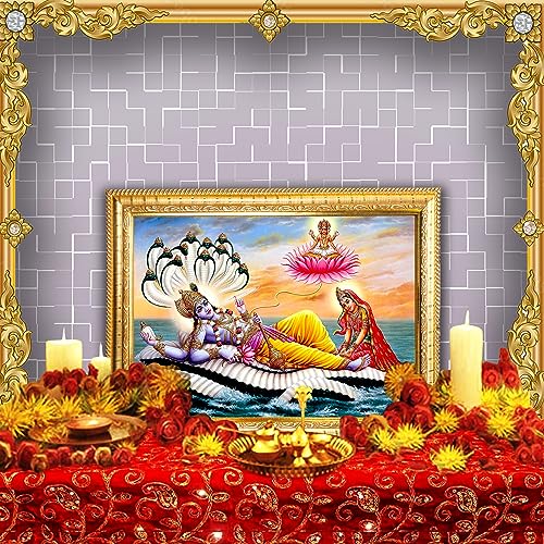 Image of Hawai Lord Vishnu with Goddess Lakshmi Wall Hanging Photo Frame, Size 8.5 x 7 Inch | Engineered Wood Religious Frame for Home Office & Pooja Room Decor | Vastu Prosperity Wall Art | | GLDFRM451