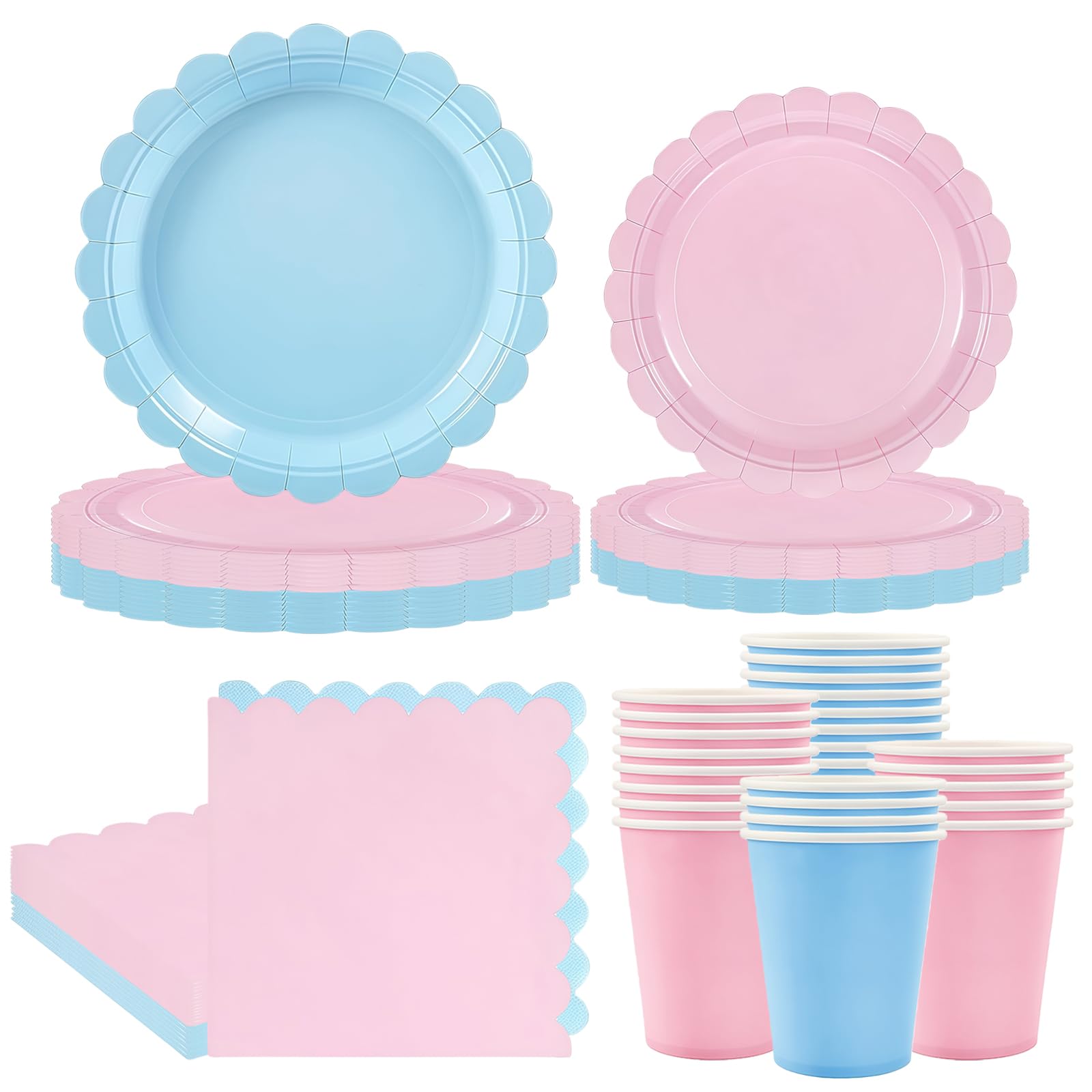 100 Pcs Blue Pink Scalloped Party Tableware Set, Pastel Paper Plates Cups and Napkins for 25 Guests, Birthday Baby Shower Wedding Garden Party Supplies