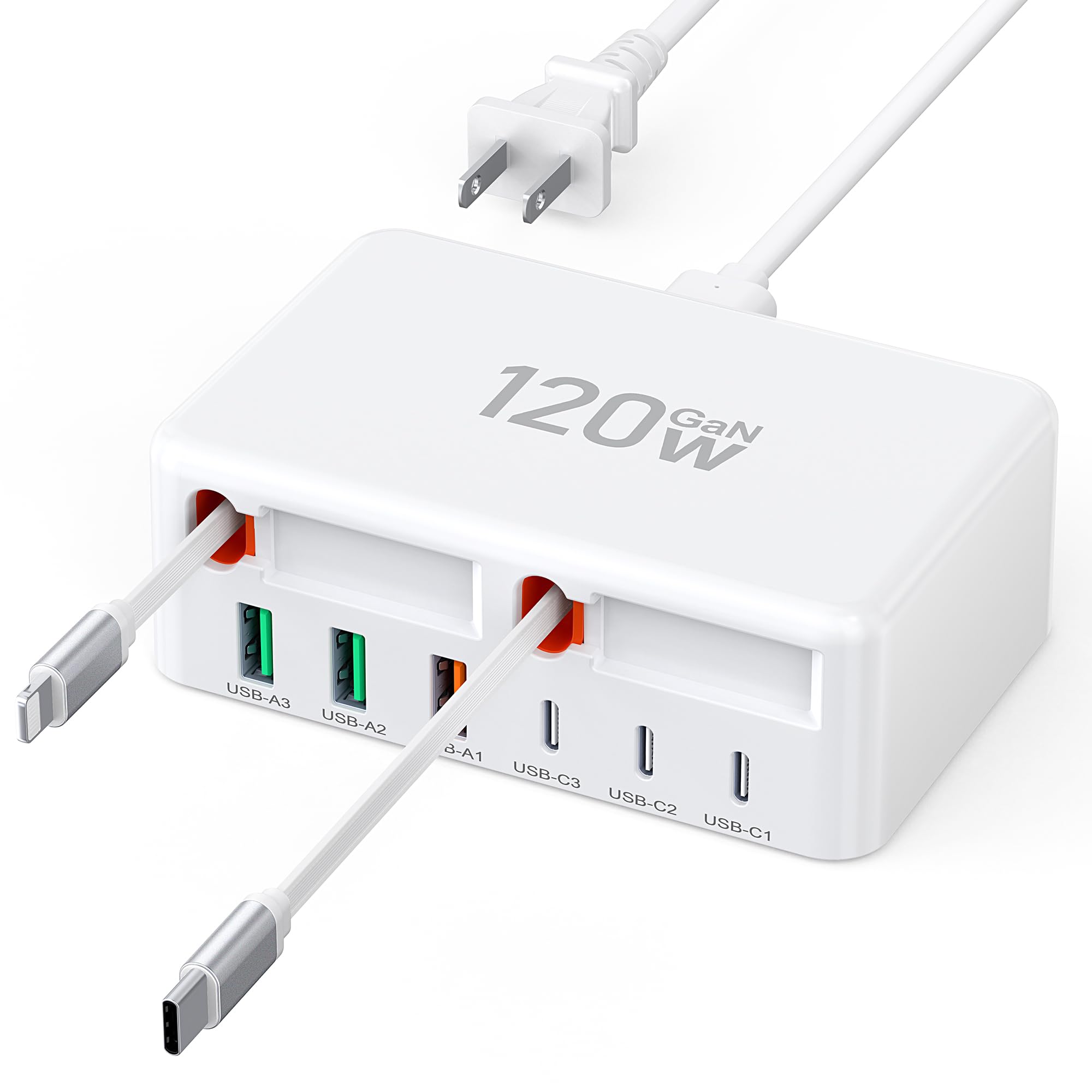 Upgraded 8-in-1 Retractable USB C Charger Block 120W GaN Multi Charging Station Hub with Lightening Type C Cable