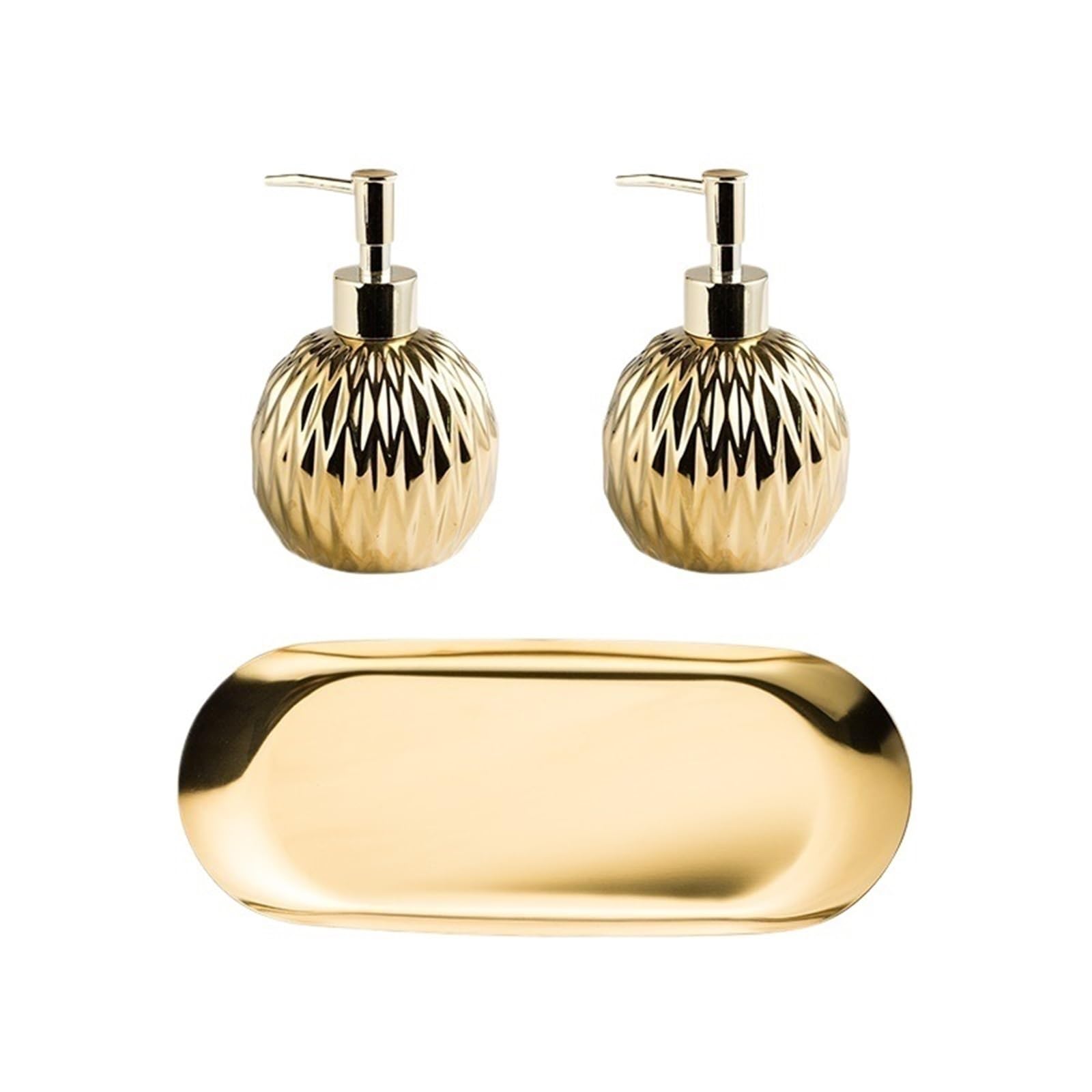 Dispenser Sapone Set di 3 Dispenser Sapone in Ceramica da banco con Vassoio, flacone for lozione Cucina e Bagno(Gold)