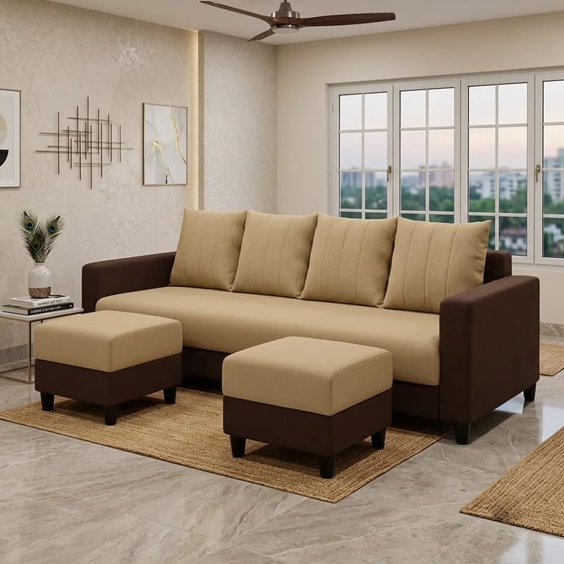 Image of Strikon Plush 6 Seater L Shape Sofa Set with 2 Movable Ottoman | Flexible Layout |Silken Velvet Suede | Designer Sofa for Living Rooms & Office Spaces (Beige & Dark Brown)