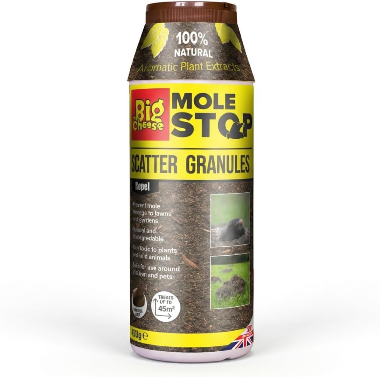 – The Big Cheese Mole Scatter Granules 450g – Natural Plant Oil Mole Deterrent – Treats 45m² – Biodegradable & Water-Soluble – Safe for Lawns, Seed Beds & Planted Areas – Child & Pet Safe