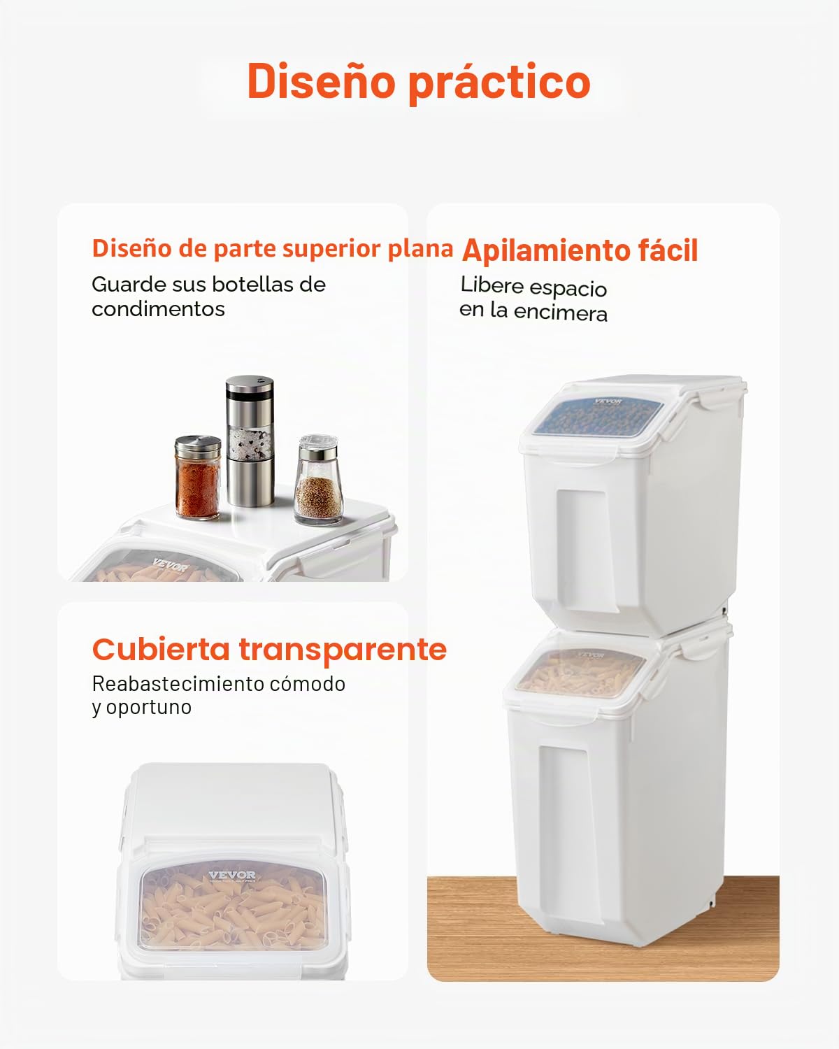 VEVOR Contenedor de Almacenamiento de Arroz, 15 L x 2 + 20 L x 2, para Cereales y Granos para Ingredientes de Cocina, para Mascotas con Ruedas, 4 Tazas Medidoras, 365 x 230 x 365 mm ± 10 mm, Blanco