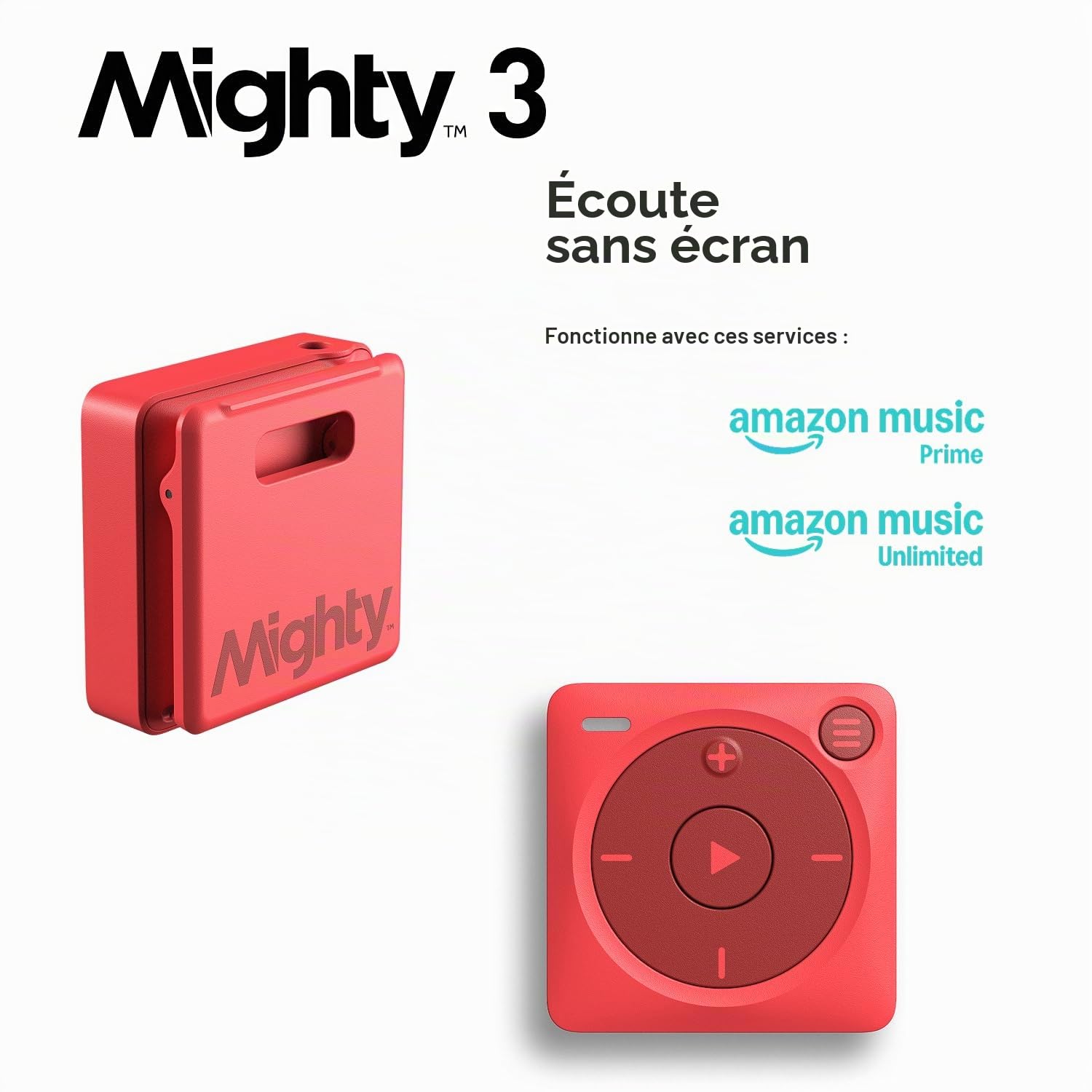 Mighty 3 Amazon Music Player – Musique portable sans écran et hors ligne pour enfants et fitness, écouteurs Bluetooth et filaires, aucun téléphone ni Wi-Fi requis pour la lecture - Rouge