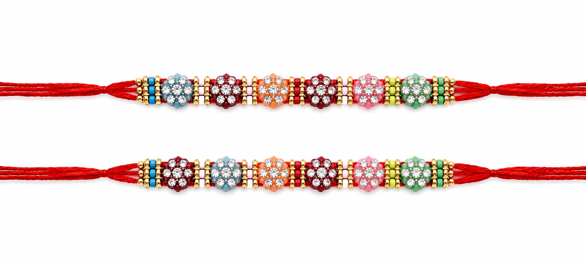 Premium Floral Crystal Stone & Beaded Rakhi | Pack of 2 | Red Thread Bracelet, Floral Bead Design, Gold Accent Beads, Rakshabandhan Special, Comes with Display Card