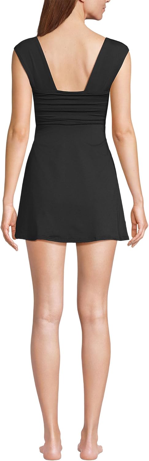 Lands' End Women's Smoothing Square Neck Ruched Swim Dress Swimsuit 12 Black