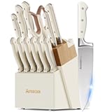 Knife Set&comma;Astercook Kitchen Knife Set with Block 14-Piece Full Tang Stainless Steel Knives with Sharpener Dishwasher Safe and Anti-Slip Ergonomic Handle Elegant Cream White Utensils Set