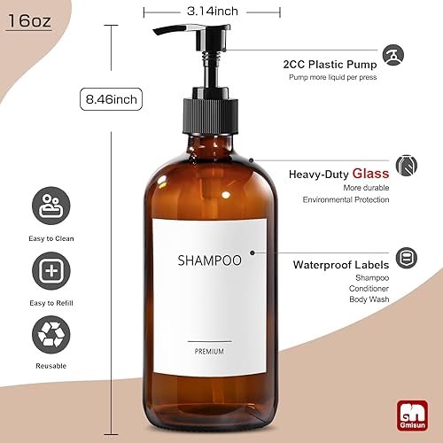 Miniatura 2 de GMISUN Botellas dispensadoras de champú y acondicionador ámbar de vidrio, champú y acondicionador recargables, botellas dispensadoras de gel de baño