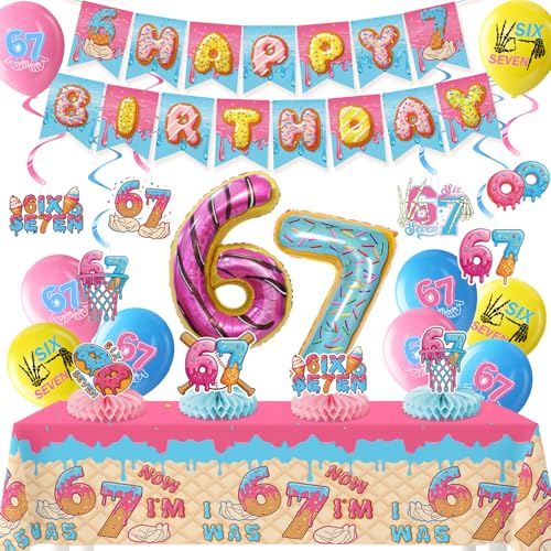 6 7 Themed Birthday Party Decorations 6 7 Meme Decorations Includes Foil Balloon Banner Hanging Swirls Latex Balloons Tables Centerpieces Tablecloth for Six Seven Kids Boy Girl