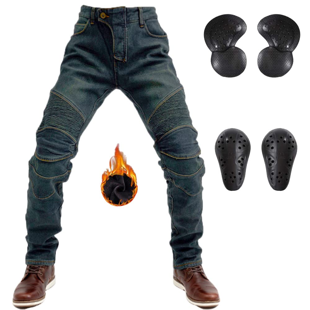LOMENG Winter Motorcycle Pants Riding Jeans Plus Velvet Motorbike Racing Pants with CE Knee Hip Removable Armored for Men
