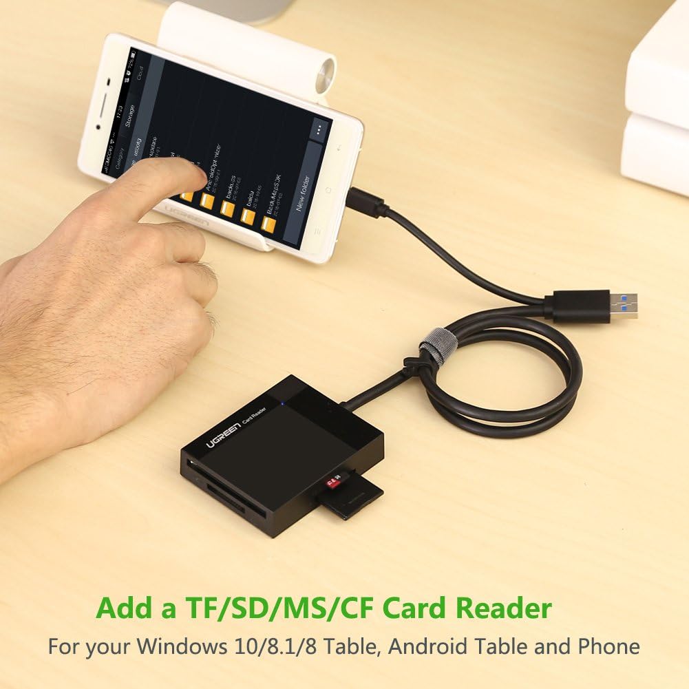 UGREEN SD Card Reader Android USB 3.0 OTG Hub Card Adapter On The Go 5Gbps Read CF, CFI, TF, SDXC, SDHC, SD, MMC, Micro SDXC, Micro SD, Micro SDHC, MS, UHS-I for Windows, Mac, Linux, Android 1.5ft
