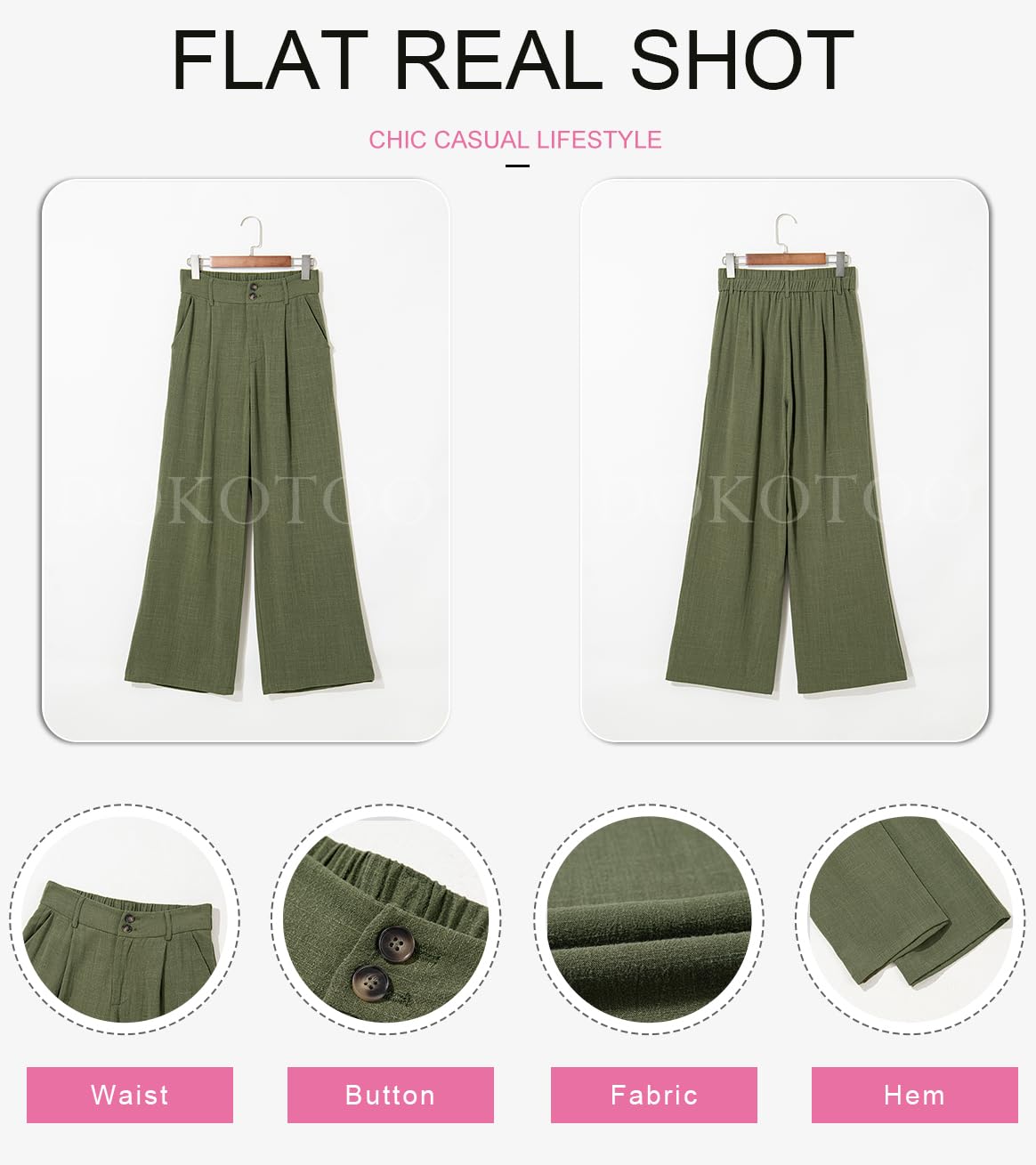 Dokotoo Womens Linen Pants Casual Loose Wide Leg Pants for Women Elastic Waist Palazzo Pants Trousers with Pockets: Small Green