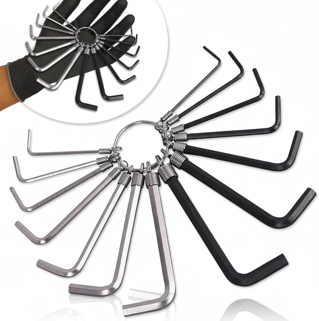 YIKI Hex Key Wrench Set 14 PC Dual Metric and SAE Allen Key Set with Heavy Duty Steel Construction and Compact Storage Ring Bicycle Furniture Assembly Motorcycle and DIY Repair Tool Kit