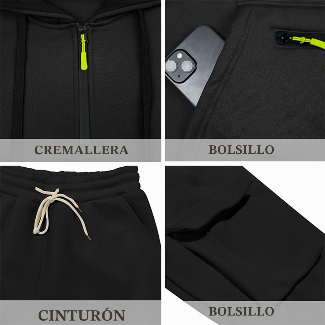 Chándal Hombre Chaqueta con Cremallera y Capucha Pantalones de Chándal con Bolsillo Conjunto de 2 Piezas Abrigo Cálido Ideal para Otoño e Invierno Casual Deporte