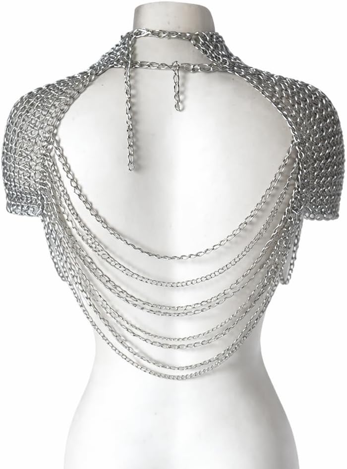Aluminum Chainmail Shoulder Top, Handmade Medieval Festival Armor Harness for Women, Gothic Costume Bra, Silver, Cosplay Accessory