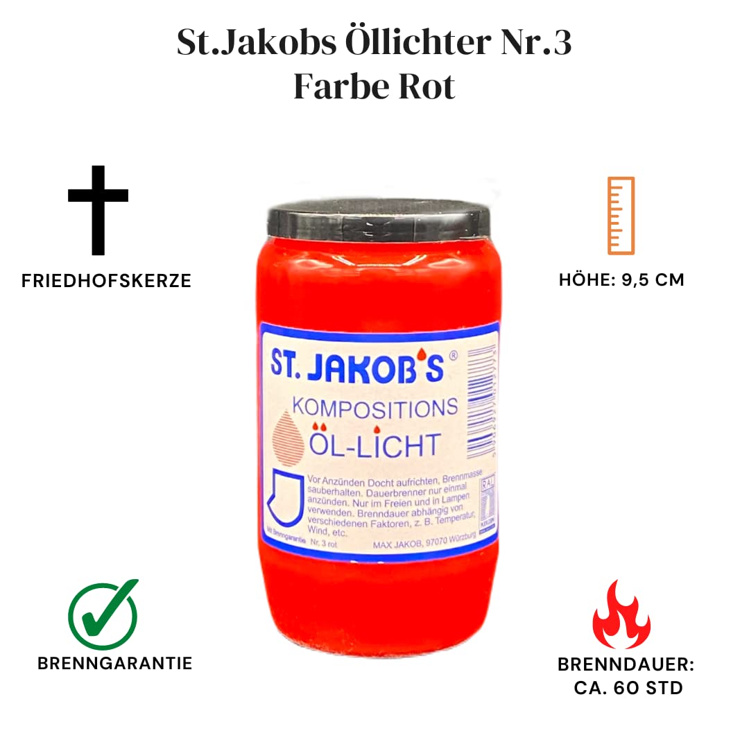 Grabkerzen Nr. 3, Grabkerze, Grablicht, Weiss und rot, Friedhofslicht, Öllichter Nr, 3, Öl-Lichter, Grablampe, Grableuchte, Grabgestaltung, Lange Brenndauer (60, rot)