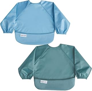 Tiny Twinkle 2-Pack Waterproof Long Sleeve Bibs for Babies & Toddlers - Mess-Proof Smock with Crumb Pocket, Machine Washable, PFAS-Free (Slate Olive, 6-24M)