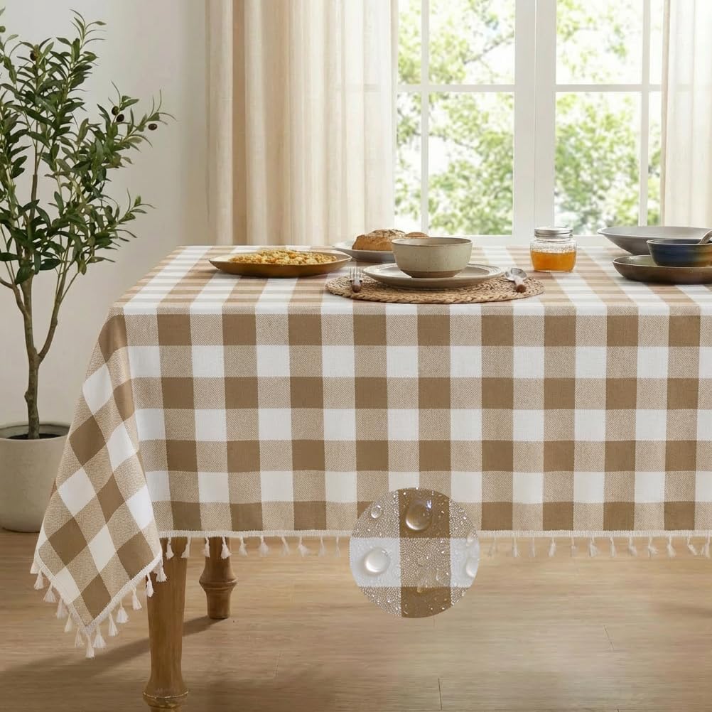 Deep Dream Waterproof Checkered Tablecloth Rectangle, Cotton Linen Gingham Table Cloth with Tassel, Wrinkle Free Buffalo Plaid Table Cover for Picnic Kitchen Dining Room - 55 x 120 Inch, Khaki