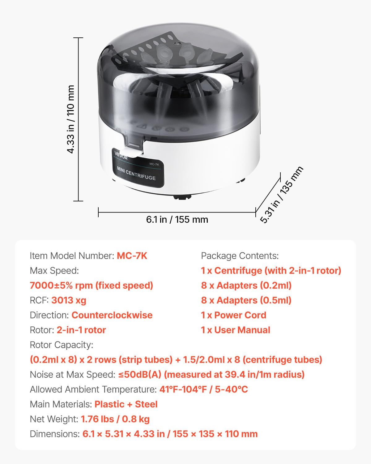VEVOR Minicentrífuga, Centrífuga Eléctrica de Laboratorio RCF de 3013 xg con Rotor 2 en 1 para Tubos de 0,2/1,5/2 ml, Velocidad Fija de 7000 r/min Bajo Nivel de Ruido para Diversos Experimentos