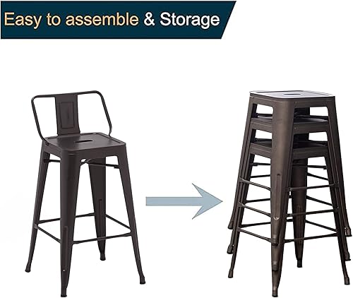 Miniatura 12 de Andeworld Juego de 4 taburetes de bar de metal industrial con respaldo (30 pulgadas, negro) Mate negro,Crema Blanco,RUSTY,plateado