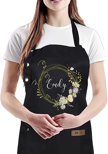 Delantal personalizado para mujer, diseño de iniciales con nombre personalizado, diseño de iniciales fotoflorales, impermeable, ideal para cocinar,