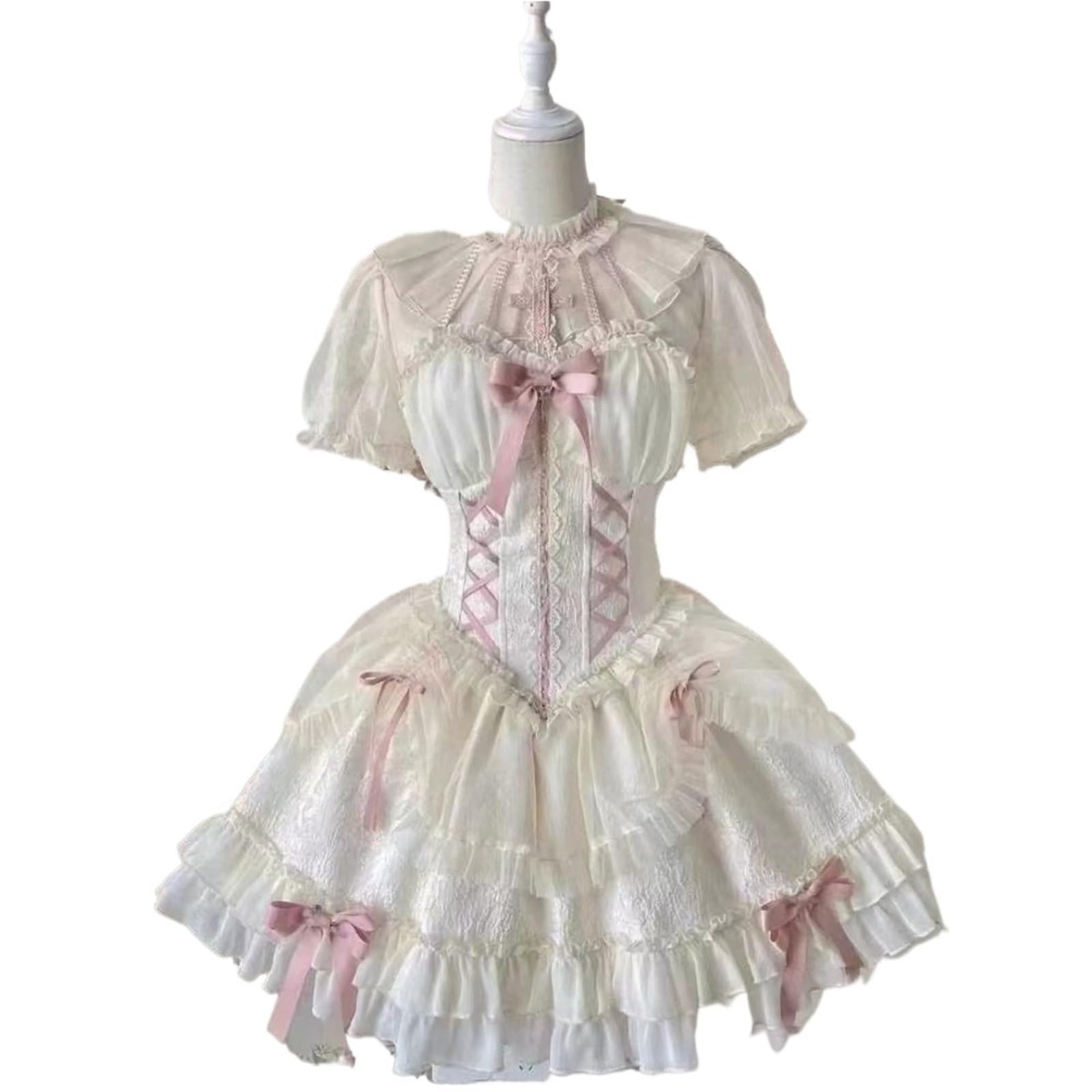 Vestido Corto Femenino de Verano Estilo Harajuku Lolita, Estilo gótico, con Cuello Halter, Hombros Descubiertos, Manga Larga, Estilo Kawaii, Ajustado con Lazo para Fiestas, mascaradas(S)