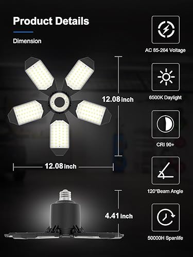 Miniatura 6 de SEOBIOG Paquete de 2 bombillas LED de luz de garaje atornilladas para tienda, ultra brillante de 180 W, 18000 lúmenes, 6500 K con 5+1 paneles