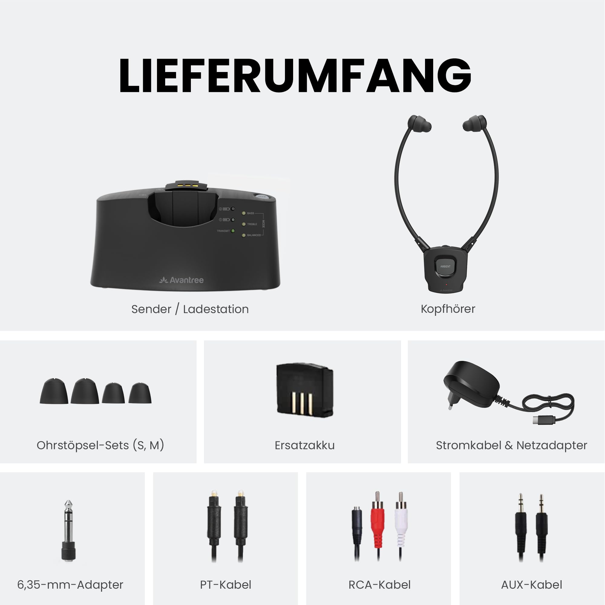 Avantree HT381 - Digitale Kabellose Kopfhörer für Fernseher mit HF-Sender, L/R-Balance-Lautstärkeregelung, TV-Ohrhörer für Senioren, Kompatibel mit Fernsehern mit Optischem oder AUX-Audioausgang | L/R-Lautstärkeregler, Umgebungs-Sound, 3 EQ-Modi, RF-Sende