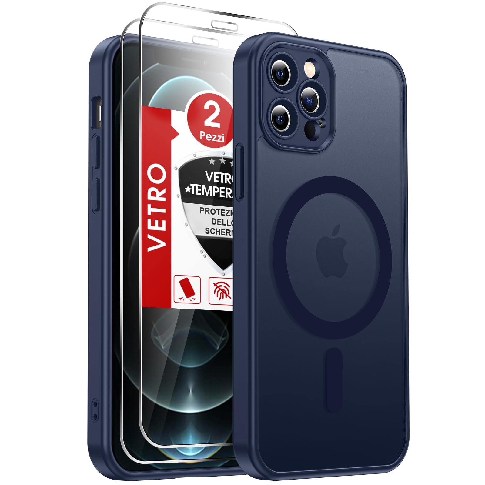 LeYi Cover Magnetica per iPhone 12 Pro con Vetro Temperato, Custodia Compatibile con MagSafe Traslucida Opaca Anti-Impronte Resistente Antigraffi TPU Antiurto Protettiva iPhone 12 Pro Case， Blu