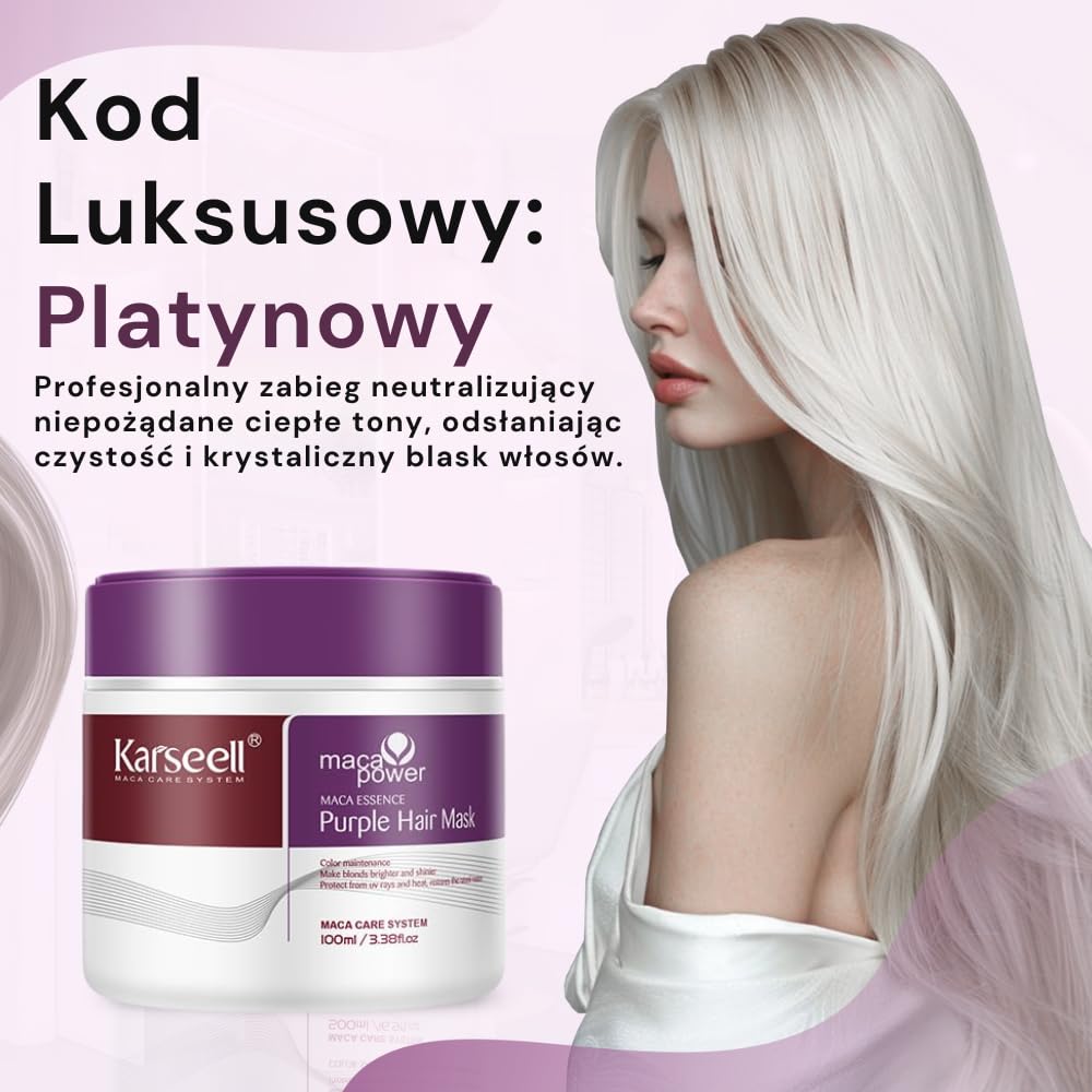 Karseell MACA CARE SYSTEM Zestaw Fioletowa Maska Antyżółta 100ml + Serum Argan Shea 50ml Nawilżające Regenerujące Przeciw Puszeniu Profesjonalne Włosy Blond Siwe Rozjaśniane Format Podróżny
