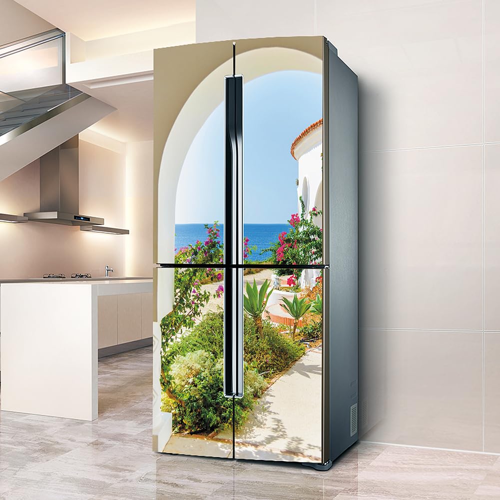 Fridge Stickers, Fridge Sticker Full Covering Door Covers Skins Wall Stickers for Kitchen Decal, Italian Island Sea View(L: 100x180 cm)