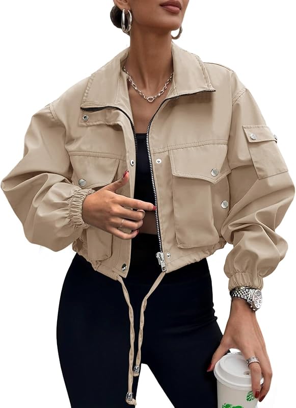 Womens Lightweight Cropped Bomber Jacket With Pockets