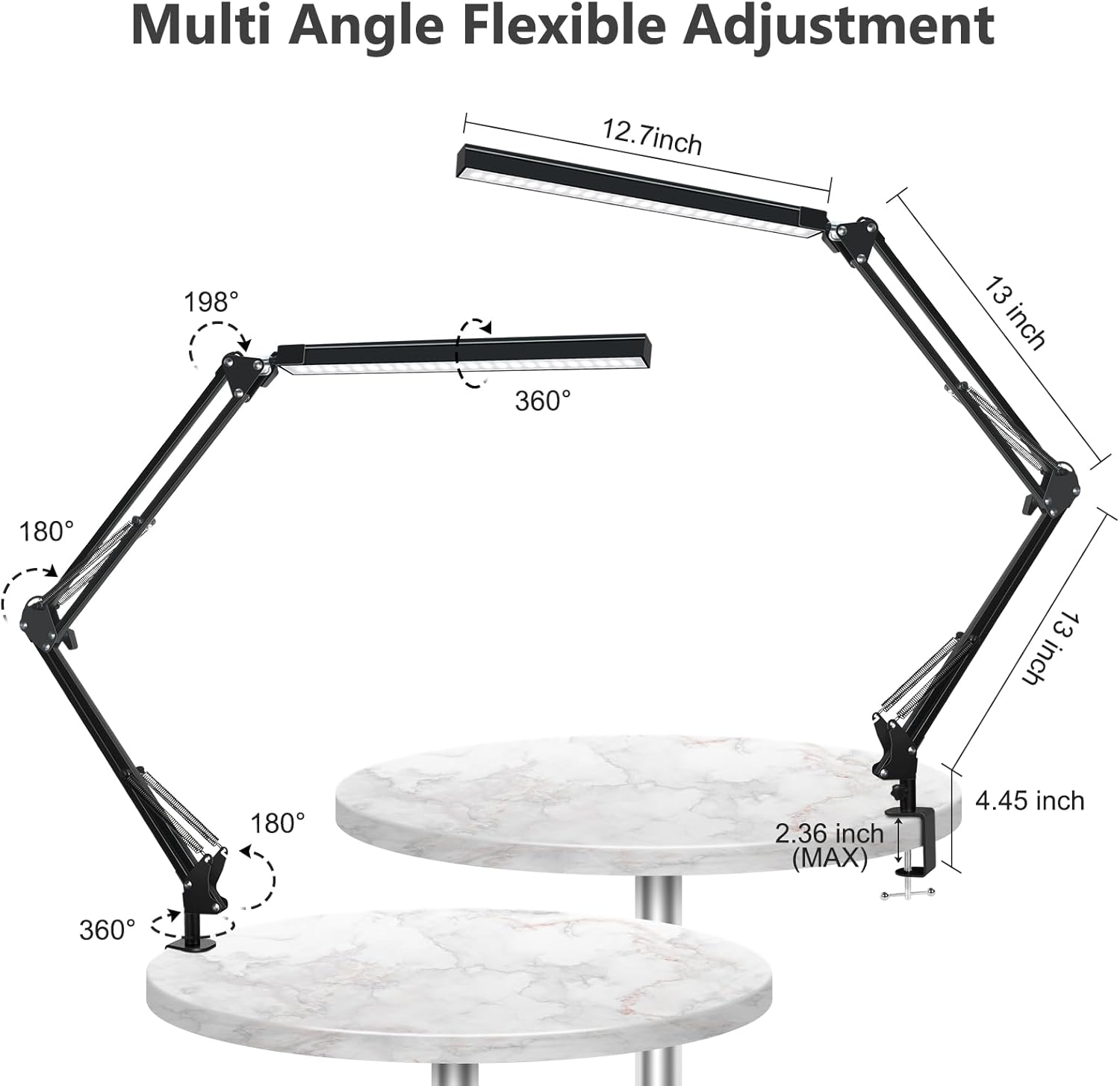 ODOM Adjustable Swing Arm Desk Lamps with Clamp, Upgraded 3 Color Modes 6 Brightness Stepless Dimming, Eye-Caring Memory Function Led Table Light for Home Office Reading Nail Desk, Black, 12W Adapter